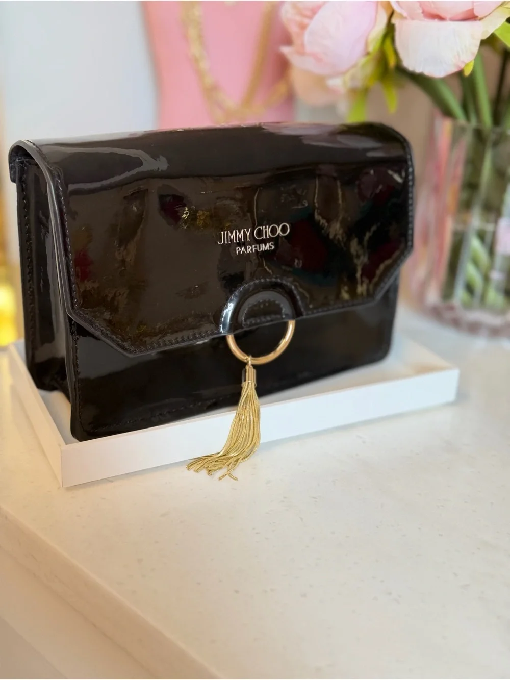 Jimmy Choo Parfums Black Patent Leather Clutch with Gold Tassel Ring Dust Bag